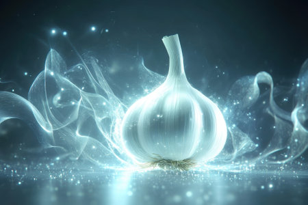 A garlic bulb glows with vibrant light effects, creating a magical atmosphere with swirling mist around it.の写真素材