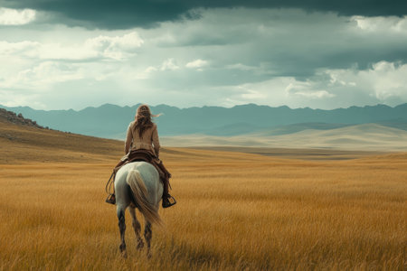 A lone rider on a horse journeys through expansive golden fields with mountains in the distance and overcast skies.の写真素材
