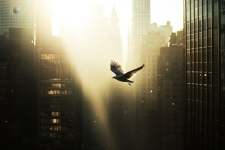A bird gracefully flies over a bustling city during golden hour, with sunlight streaming through skyscrapers.の写真素材