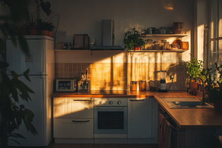 Sunlight streams through a window, casting warm shadows across a cozy kitchen filled with plants and cooking utensils.の写真素材