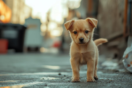 Small golden puppy walks curiously through a narrow city alley, surrounded by urban surroundings.の写真素材
