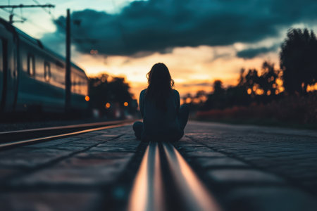 A person is sitting cross-legged on railway tracks at sunset, surrounded by nature, as a train passes in the background.の写真素材