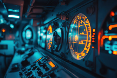 Brightly lit control panel featuring various gauges and displays in a modern setting at night.の写真素材