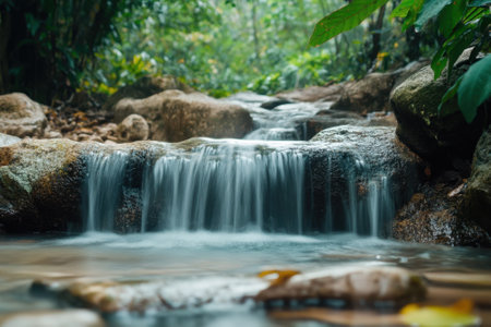 Clear water tumbles down rocky surfaces in a tranquil forest, surrounded by lush greenery and moisture.の写真素材