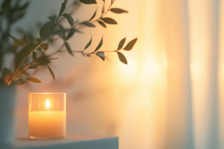 Soft candlelight casts a warm glow in a tranquil setting enhanced by delicate green leaves.の写真素材