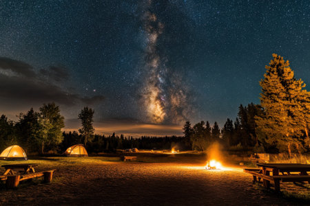 Bright stars fill the night sky above a camping area featuring tents and a glowing campfire surrounded by trees.の写真素材