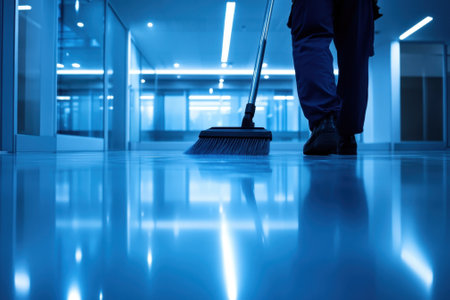 A person is sweeping a polished floor in a contemporary office, emphasizing cleanliness and order.の写真素材