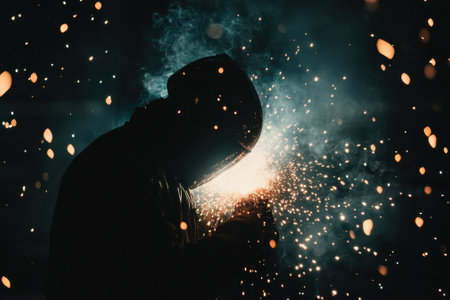 A welder creates bright sparks in a dark environment, showing skilled craftsmanship and safety practices.の写真素材