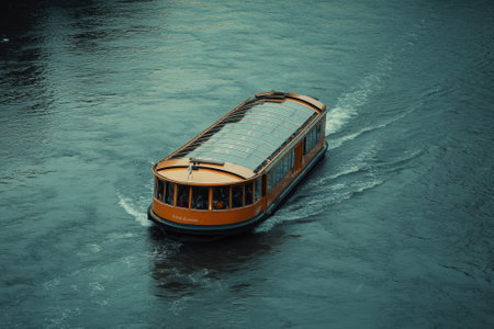 A vibrant boat glides smoothly along the river, creating gentle ripples in the water under a bright sky.の写真素材