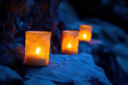 Soft candlelight glows against a rocky backdrop as dusk settles, creating a calming atmosphere outdoors.の写真素材