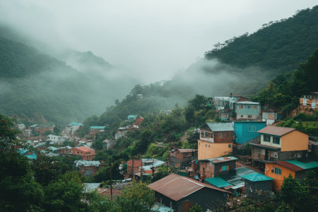 A remote village features vibrant houses surrounded by misty mountains and lush greenery.の写真素材