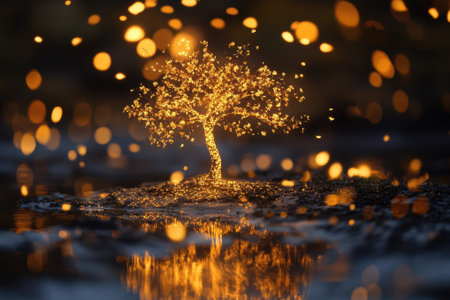 A small tree glows with golden lights in a tranquil setting, surrounded by shimmering particles at dusk.の写真素材