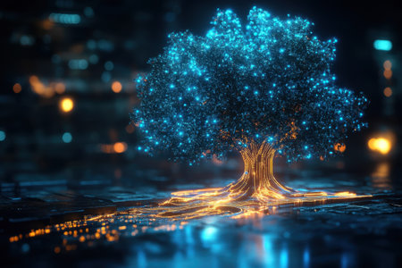 A luminous tree stands in a cityscape, its roots glowing with bright lights that illuminate the surrounding area.の写真素材