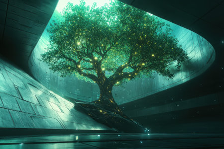 A large tree with glowing leaves stands in a sleek, modern space filled with light, creating a tranquil ambiance.の写真素材