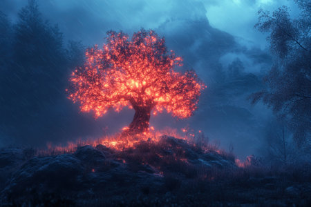 A glowing tree stands alone on a rocky outcrop, surrounded by misty mountains and twilight hues.の写真素材