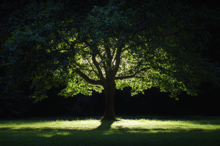 A large tree radiates soft light at night, creating a peaceful atmosphere amidst dark surroundings.の写真素材