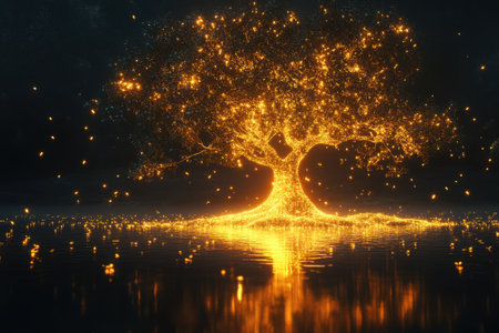 A majestic tree with luminous branches stands over tranquil water, creating a magical nighttime atmosphere.の写真素材