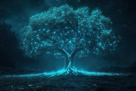 A captivating tree radiates blue light in a dark forest, surrounded by a serene atmosphere and stars overhead.の写真素材