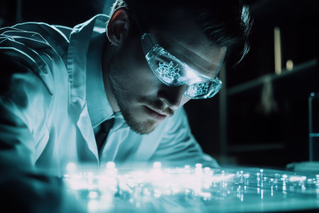 A scientist in white lab coat studies a luminous circuit board, focused on data analysis at night.の写真素材