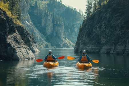 Two people in orange kayaks paddle through a calm river with towering cliffs and lush vegetation nearby.の写真素材
