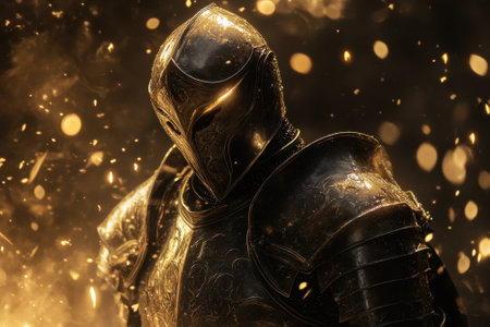 A knight in shining golden armor stands resolutely, surrounded by glowing sparks and a dimly lit backdrop.の写真素材