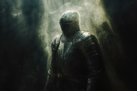 A knight wearing polished armor stands amidst swirling mist, illuminated by soft light from above.の写真素材