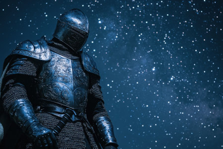 A knight clad in detailed armor gazes upwards, surrounded by a breathtaking display of stars at night.の写真素材
