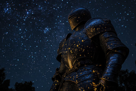 A medieval knight stands under a clear night sky filled with stars, exuding a sense of wonder and adventure.の写真素材