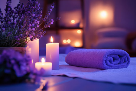 Soft candlelight illuminates a serene spa environment adorned with lavender and a rolled towel.の写真素材