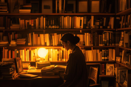 A woman quietly reads a stack of books at a dimly lit table surrounded by shelves of literature.の写真素材
