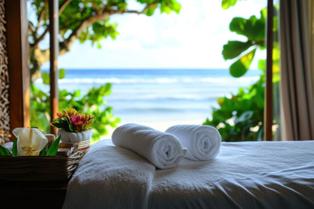 Two rolled towels rest on a treatment table overlooking a serene ocean and lush greenery.の写真素材