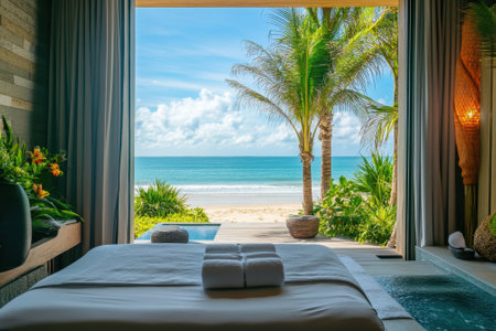 A serene spa room features a large bed with towels, overlooking a peaceful beach and lush palm trees.の写真素材