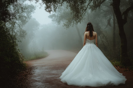 A bride in a stunning white gown strolls on a winding path surrounded by foggy trees at dawn.の写真素材