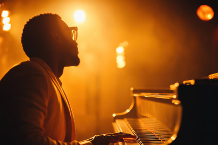 A talented musician showcases his skills on the piano, enveloped in warm light, during a vibrant performance.の写真素材