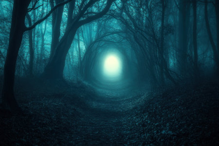 A dark, enchanting forest pathway leads to a bright, mysterious light, surrounded by dense trees at dusk.の写真素材