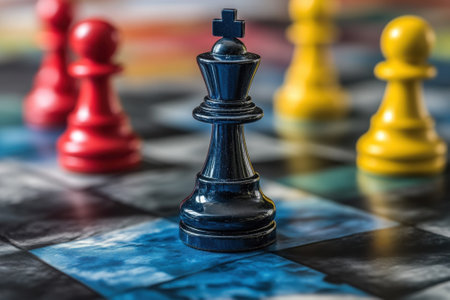 A black king chess piece stands prominently in the center, surrounded by red and yellow pawns on the board.の写真素材