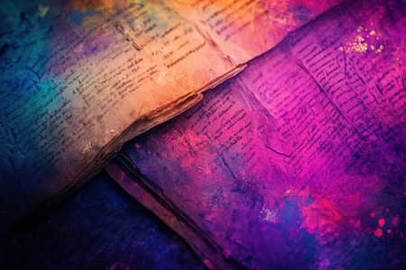 Ancient manuscripts on display, showing intricate writings and colorful backgrounds, evoking history.の写真素材