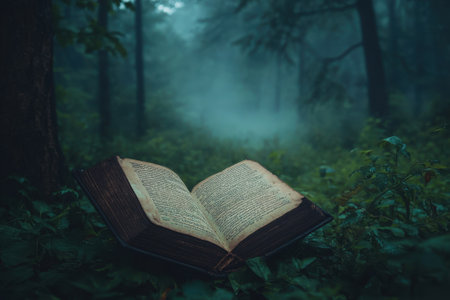 An ancient, open book lies on the damp forest ground while mist encircles the trees in the early morning.の写真素材