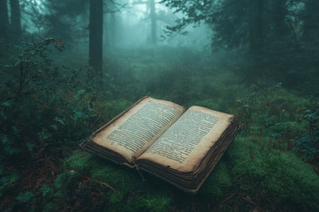 Old book lies open on lush green moss amid tall trees and soft fog, creating a mystical atmosphere.の写真素材