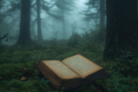 An open book lies on soft moss in a forest, shrouded in fog and illuminated by soft, diffused light.の写真素材