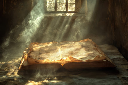 Sunlight filters through a window, casting a warm glow on a vintage book resting open on a surface.の写真素材