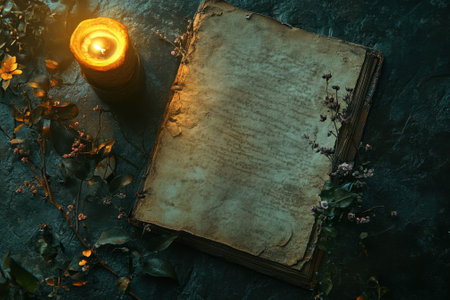 A worn manuscript lies on a dark surface next to a glowing candle and dried flowers, creating a cozy ambiance.の写真素材