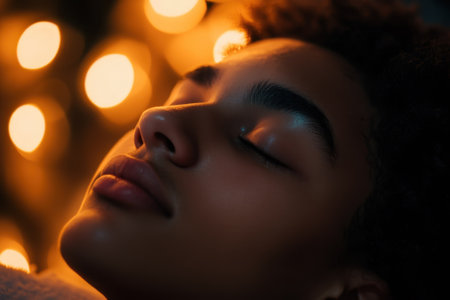 A young person relaxes peacefully, illuminated by soft warm lights in the background during the night.の写真素材
