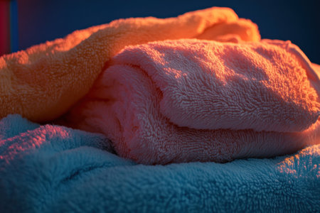 Brightly colored towels are stacked together, exuding warmth in a cozy atmosphere during the evening.の写真素材