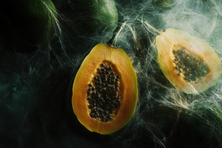 Sliced papaya reveals vibrant orange flesh and black seeds, set against a dark background with spider webs.の写真素材