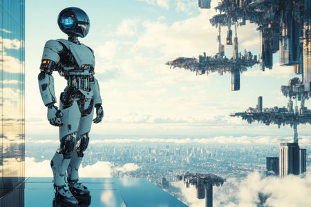 A humanoid robot stands on a glass platform, gazing at a vibrant futuristic city with floating buildings.の写真素材