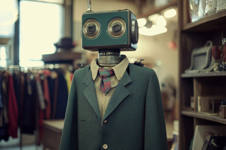 A robot mannequin in a smart suit and tie stands out in a quirky vintage clothing store filled with apparel.の写真素材