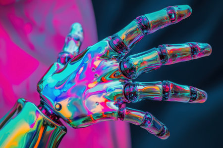 A detailed view of a transparent robotic hand showing colorful reflections and a modern design.の写真素材