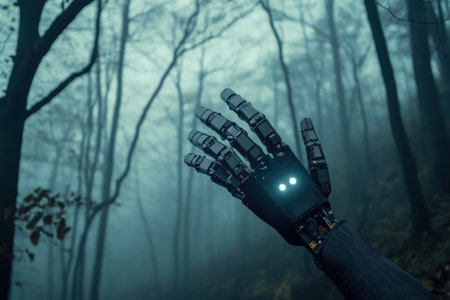A robotic hand extends toward the camera, surrounded by fog and tall trees in a serene forest at dawn.の写真素材