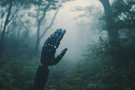 A robotic hand stretches upward amid a foggy forest, capturing a blend of technology and nature.の写真素材